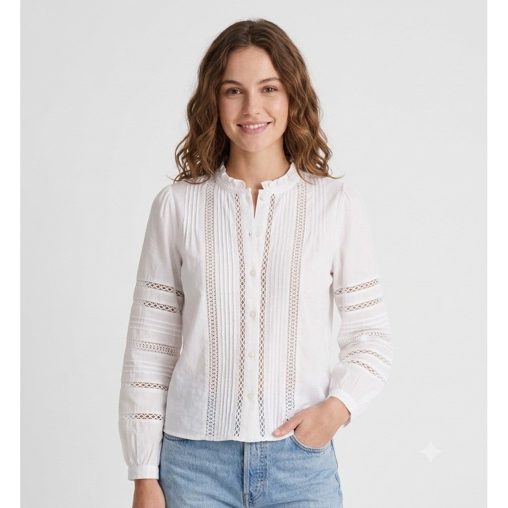 Madewell Top Womens Medium White Lace Insert High Neck Pintuck Classic NZ418
